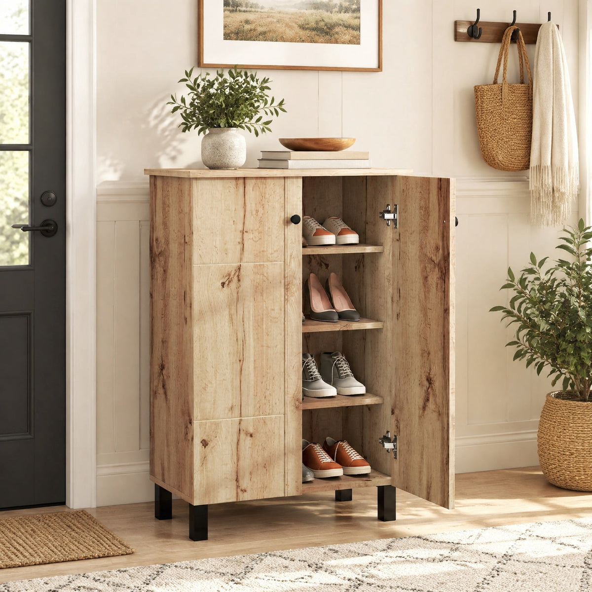 Airfind 4-Tier Shoe Organizer with Removable Shelves and 2 Doors, 88 lbs Capacity, MDF Engineered Wood Frame, 24 Inch x 13.5 Inch x 36 Inch Footprint, Natural