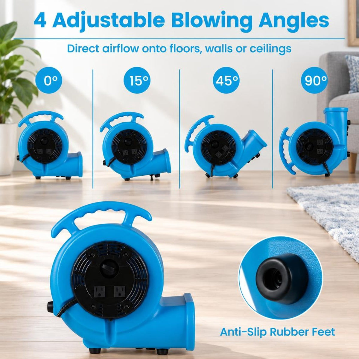 Airfind 1/3 HP Air Mover 3-Speed 1000 CFM Commercial Blower Fan, Polypropylene Frame, 12.2 x 11 x 13 Length of Footprint, Blue