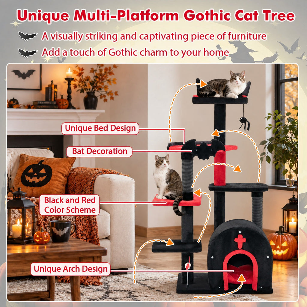 Airfind Gothic Cat Tree 53 Inch Tall Cat Tower with Cat Bed and Arch-Shaped Condo, 22 lbs Capacity, 23 x 19 x 53 Footprint, Black