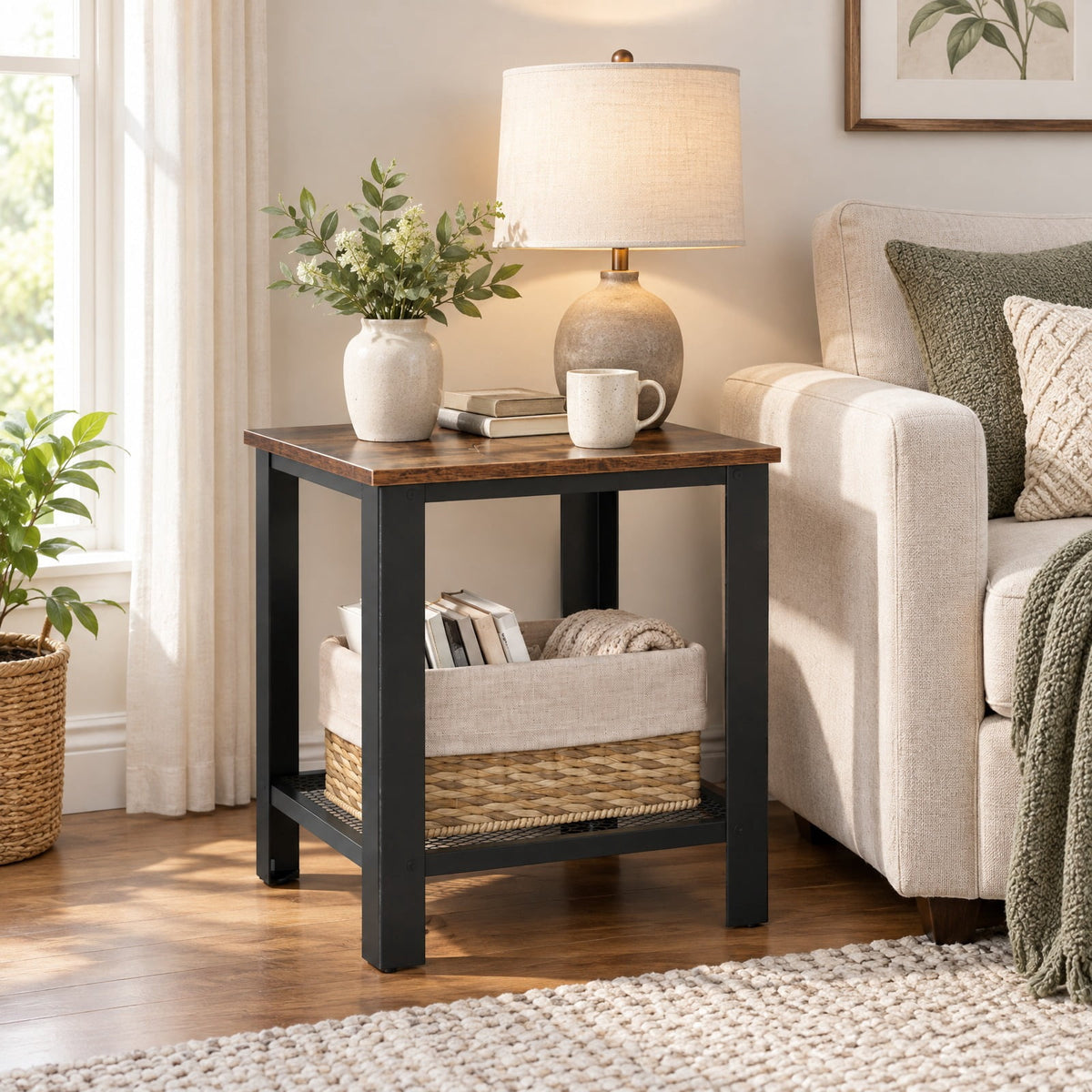 Airfind Industrial End Table 2-Tier Side Table, 55 lbs Capacity, Wood iron, 16 Inch x 16 Inch x 18 Inch (L x W x H) Product weight: 12 lbs, Black