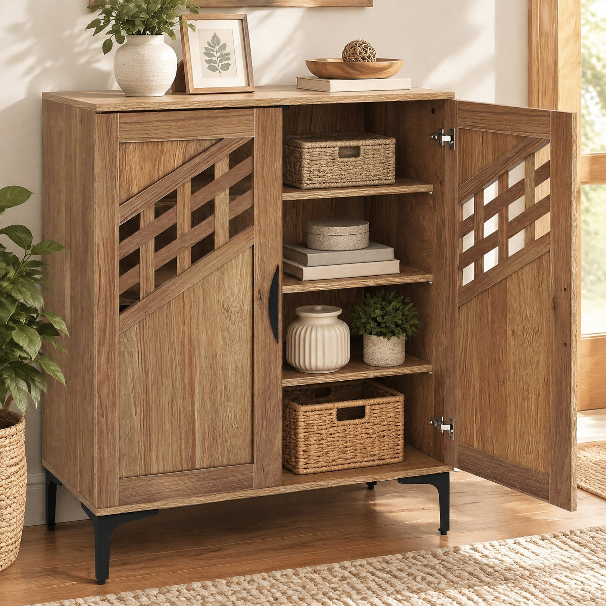 Airfind 4 Tier Farmhouse Shoe Storage Cabinet with Removable Shelves and Metal Legs, 180 lbs Capacity, Engineered Wood MDF Metal Frame, Walnut