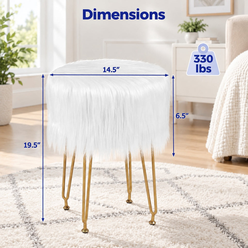 Airfind Faux Fur Vanity Stool Chair with Metal Legs for Bedroom and Living Room, 330 lbs Capacity, Faux Fur Sponge Metal MDF Plywood Frame, White