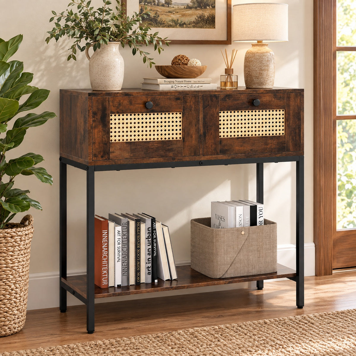 Airfind Rattan Console Table Boho Entryway Table with 2 Rattan Drawers and Open Storage Shelf, 88 lbs Capacity, Brown