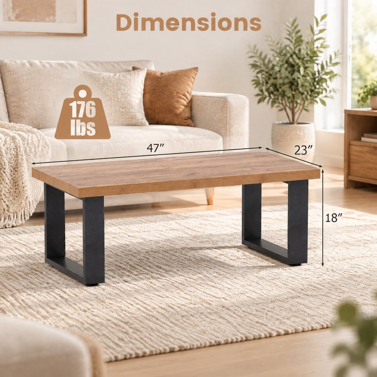 Airfind 47 inch Farmhouse Style Rustic Coffee Table with Thickened Tabletop and Natural Wood Texture, 176 lbs Capacity, Engineered Wood Frame, Oak