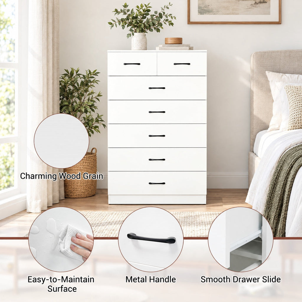 Airfind 7-Drawer Tall Dresser with Metal Handles and Anti-Tipping Kits, 66 lbs Capacity, Engineered Wood MDF Frame, 32 x 18 x 48 Footprint, White