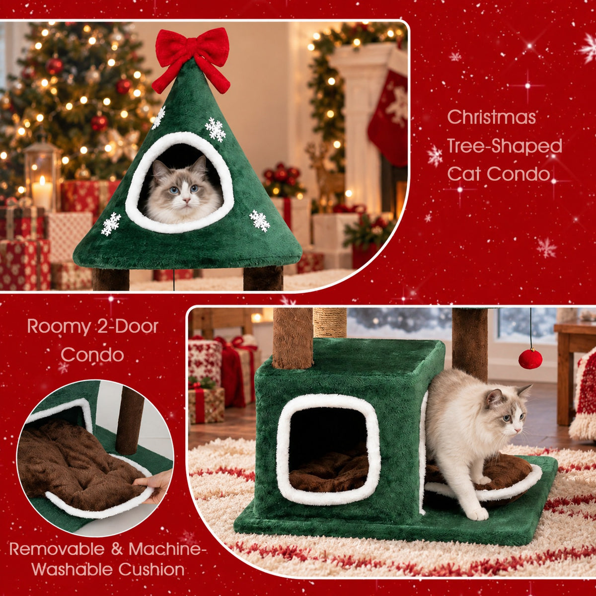 Airfind 54Christmas Cat Tree with 2 Condos and Removable Cushion, 22 lbs Capacity, Engineered Wood Frame, 30 x 24.5 x 54 Footprint, Green