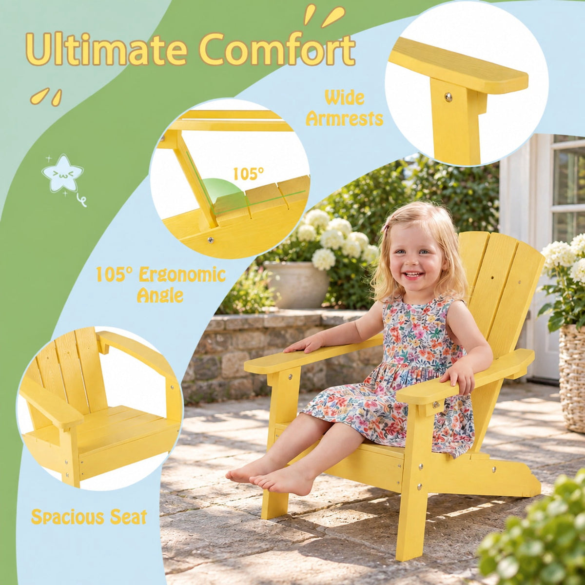 Airfind All-Weather HDPE Kids Adirondack Chair with with High Backrest and Armrests, 165 lbs Capacity, Wood-like HIPS Frame, Yellow