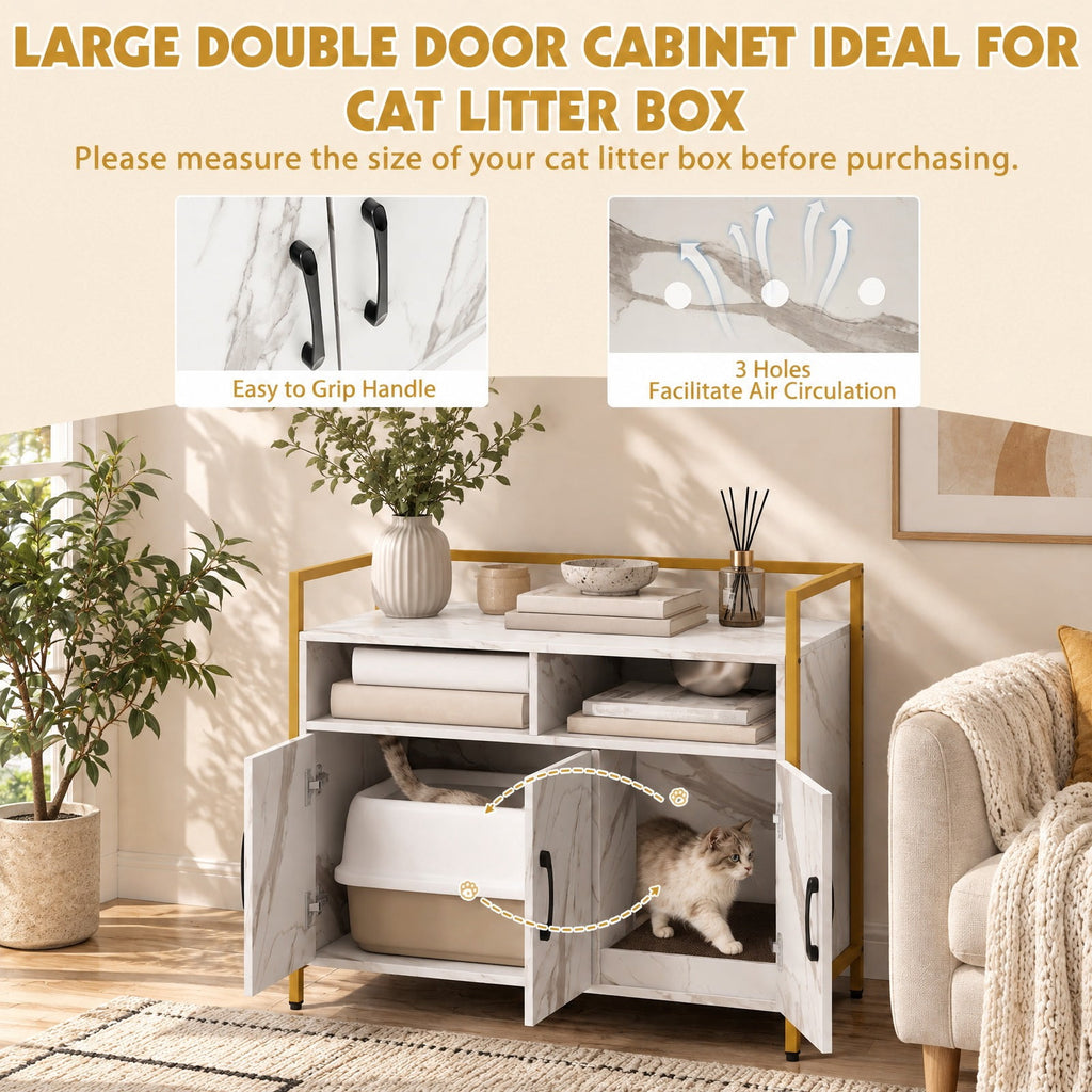 Airfind Hidden Cat Washroom with Double Doors and Scratch Cardboard, MDF Metal Frame, 35 x 17.5 x 29.5 Compartment Footprint, White