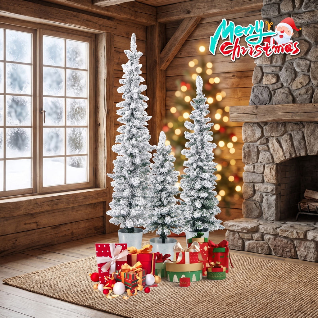 Airfind Set of 3 Potted Artificial Christmas Tree Snow, PVC Metal Flocking Tree Height 3/4/5 ft Tree Width 1 ft Frame, Green+Silver