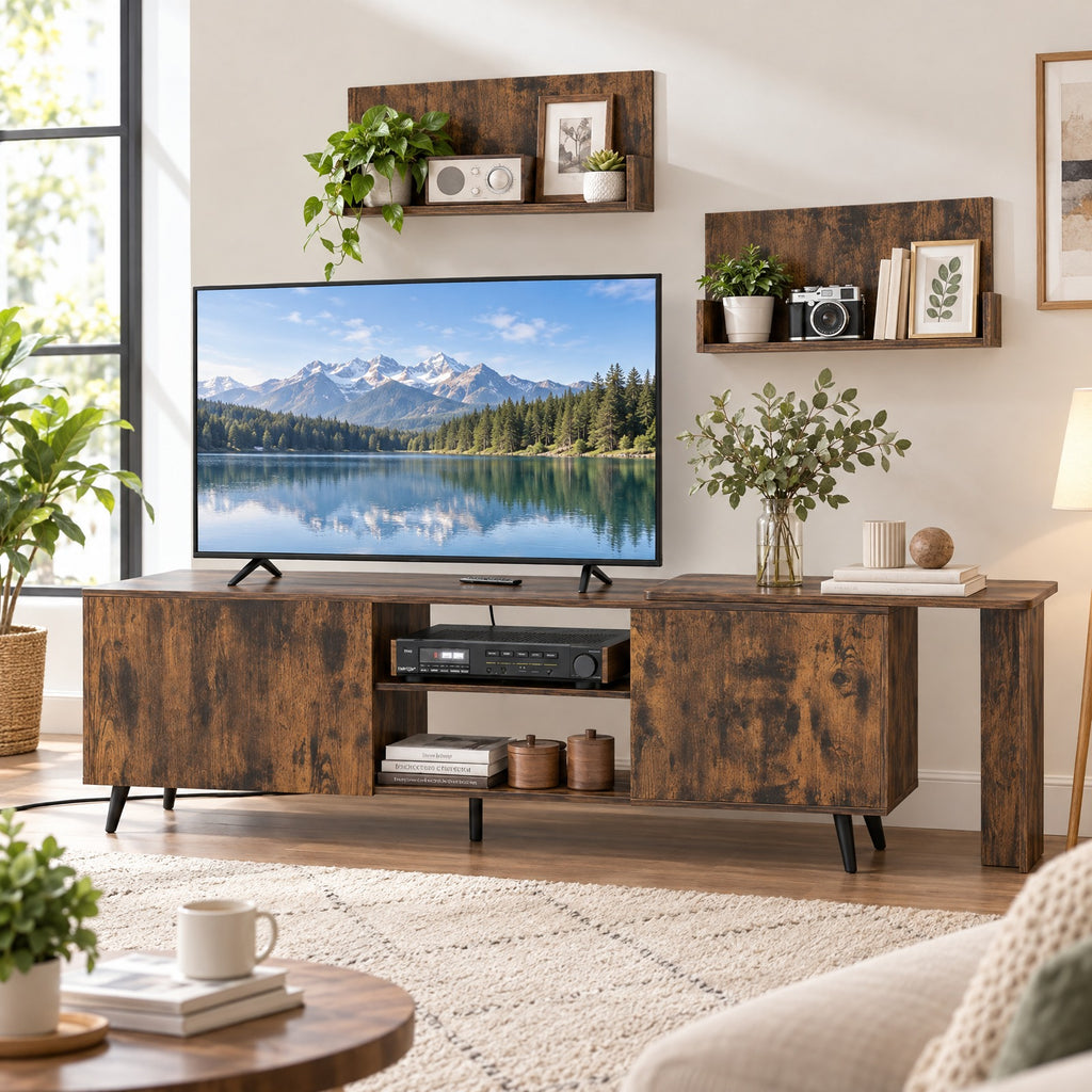 Airfind TV Stand for TVs up to 85 Inch with 2 Wall Shelves and Charging Station, 420 lbs Capacity, Engineered Wood Frame, Brown