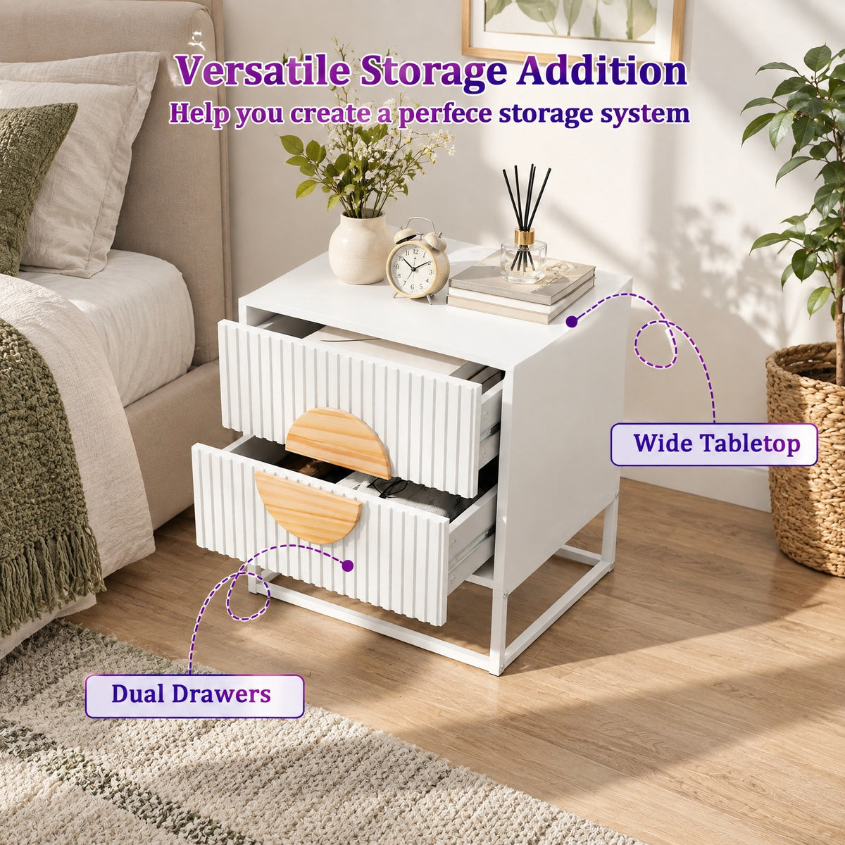 Airfind Modern Mid Century Fluted Nightstand with 2 Drawers and Pine Wood Handles for Bedroom, 66 lbs Capacity, Engineered Wood MDF Pine Wood Frame