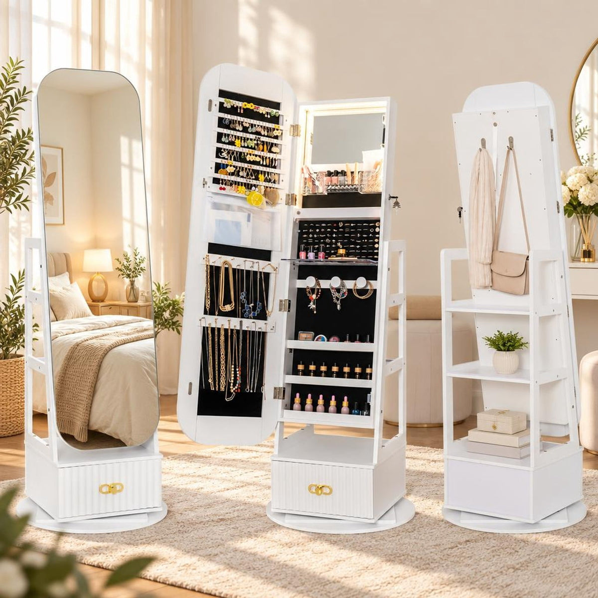 Airfind Swivel Jewelry Cabinet with Full-Length Mirror and LED Lights and Storage Shelves, Engineered Wood Frame, 22in x 22in x 65in Footprint, White