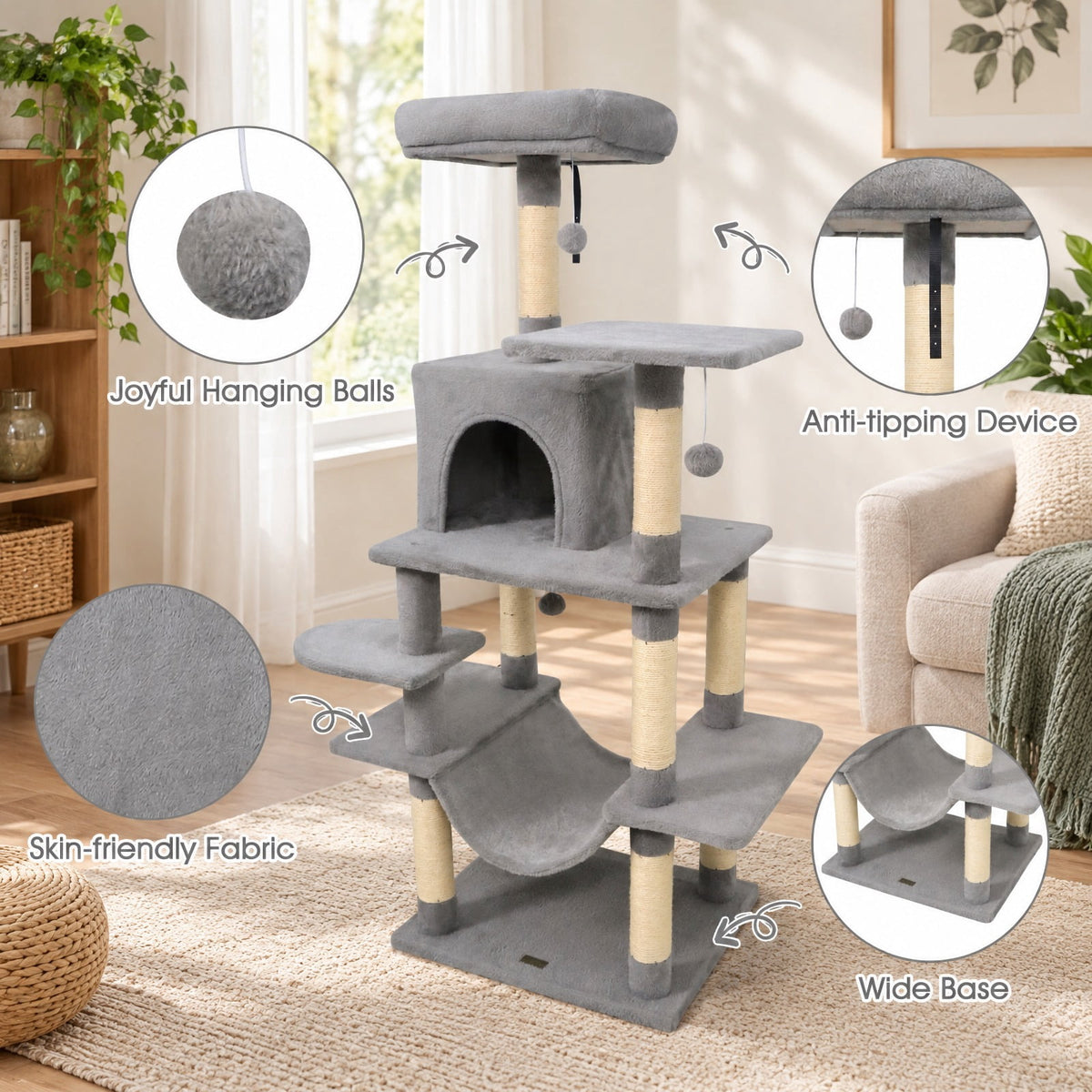 Airfind 58 Multi-Level Cat Tree Soft Plush Cat Tower with Padded Top Perch, PP Cotton Fabric Sisal Engineered Wood Overall Height 58 Base Frame