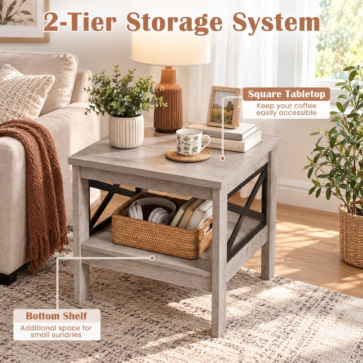 Airfind 2-Tier Square Side Table with Storage Shelf and X-Frame for Bedroom Living Room, 220 lbs Capacity, Engineered Wood MDF Frame, Brown