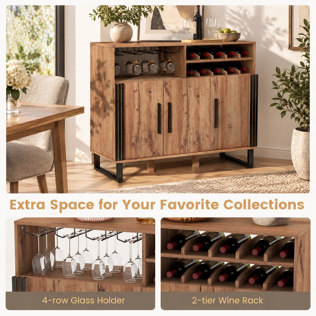 Airfind Home Wine Bar Cabinet with 3 Doors and Adjustable Shelves, 110 lbs Capacity, Engineered Wood MDF Frame, 47in x 16in x 37.5in Footprint, Brown
