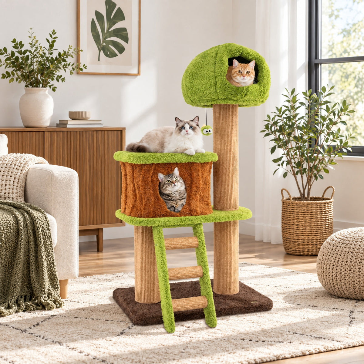 Airfind Cute Cat Tree for Indoor Cats with Mushroom-shaped Nest Condo and Climbing Ladder, 30 x 20 x 56 Cat Condo Footprint, Green