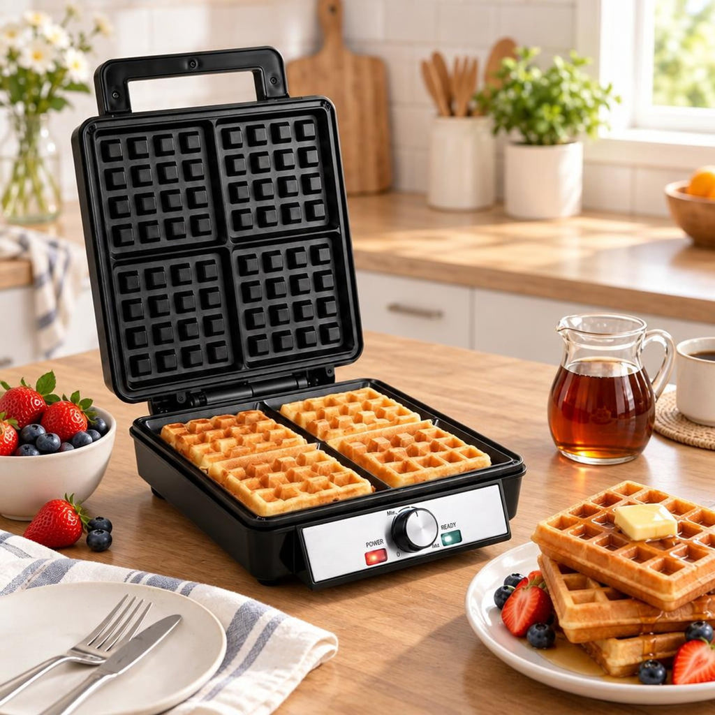 Airfind Belgian Waffle Maker 4-Slice 1200W with Browning Knob and Nonstick Plates-Black and Silver, Aluminum Frame, 12.5in x 9.5in x 4.5in Footprint