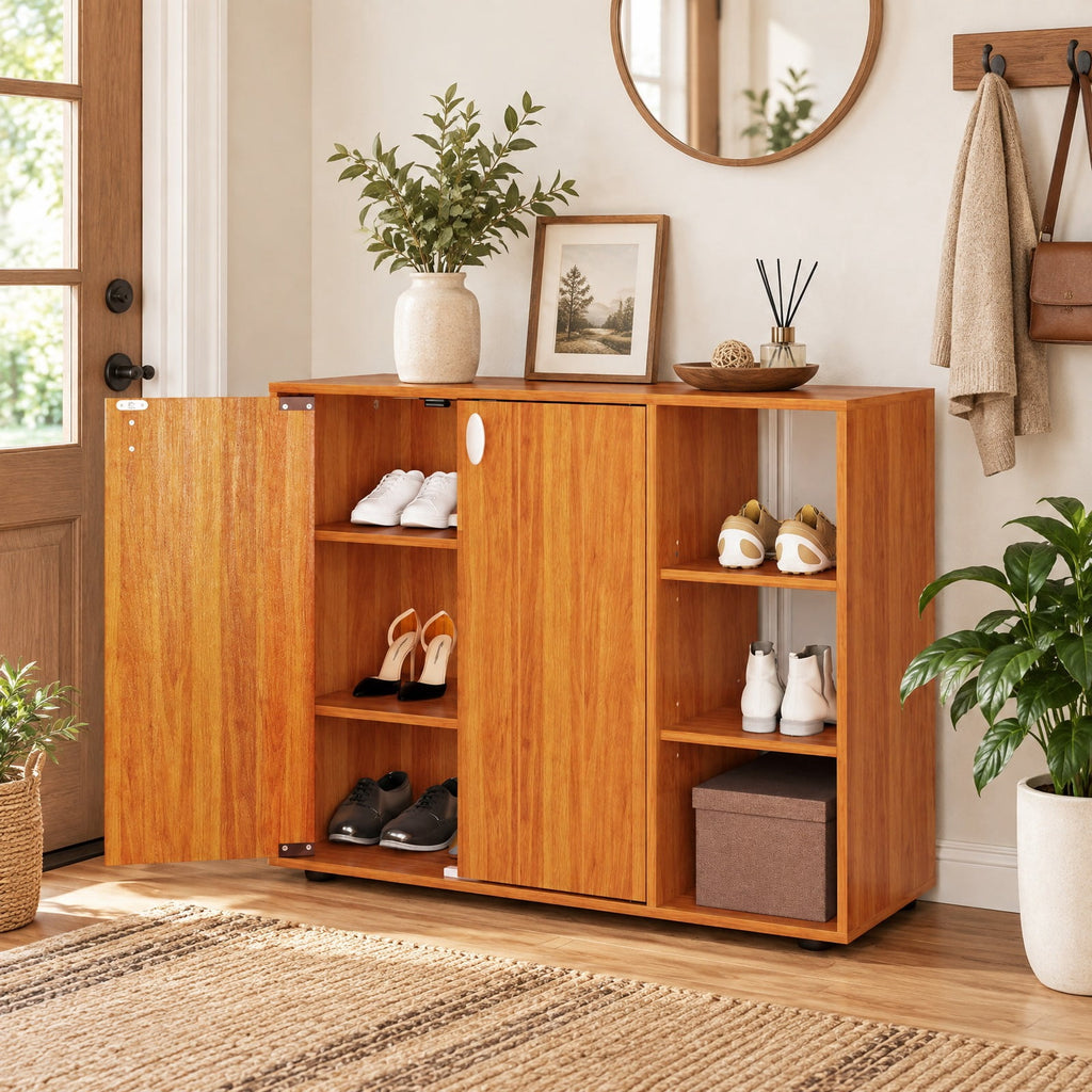 Airfind 3-Tier Shoe Cabinet with Doors with Adjustable Open Shelves for Entryway, 90 lbs Capacity, MDF Engineered Wood Frame, Natural