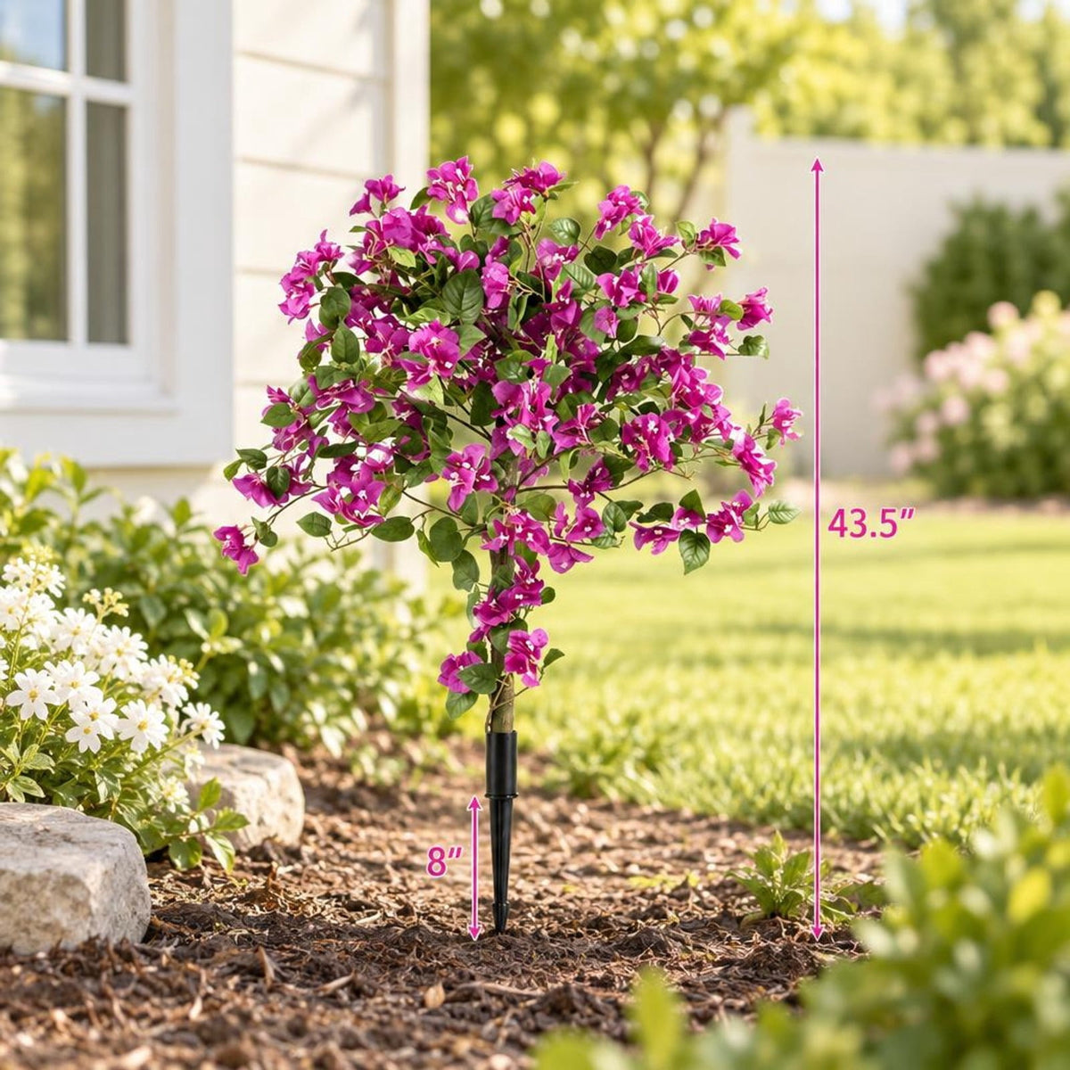 Airfind 2 Pack Artificial Bougainvillea Trees with Ground Spike and PE Trunks for Porch, Pink + Green