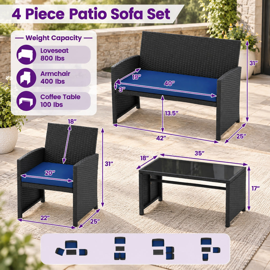 Airfind 4 Pieces Patio Furniture Set with Tempered Glass Tabletop and Removable Cushion, 400 lbs Capacity, Rattan Steel Sponge Frame, Navy