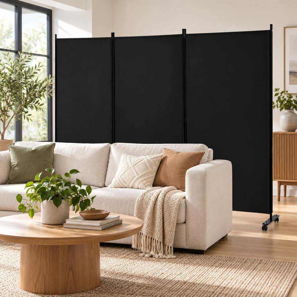 Airfind 3 Panel Folding Room Divider with Lockable Wheels, Metal Polyester Fabric Tiled Frame, 103 x 12 x 71 Footprint, Black
