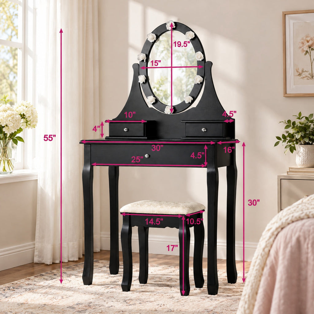 Airfind 3 Drawers Lighted Mirror Vanity Dressing Table Stool Set, Pine PE plastic MDF Frame, 30 Inch x 16 Inch x 55 Inch (L x W x H) The Footprint, Black