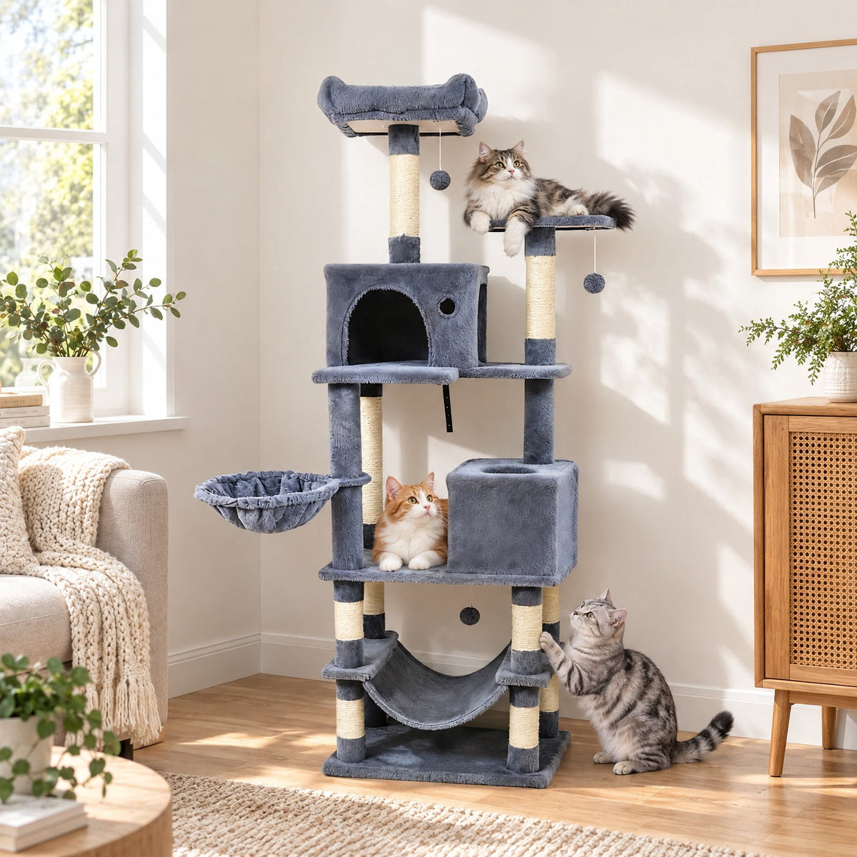 Airfind 66 Inch Tall Cat Tree Multi-Level Cat Tower with 2 Condos Sisal Scratching Posts, 33 lbs Capacity, Dark Gray