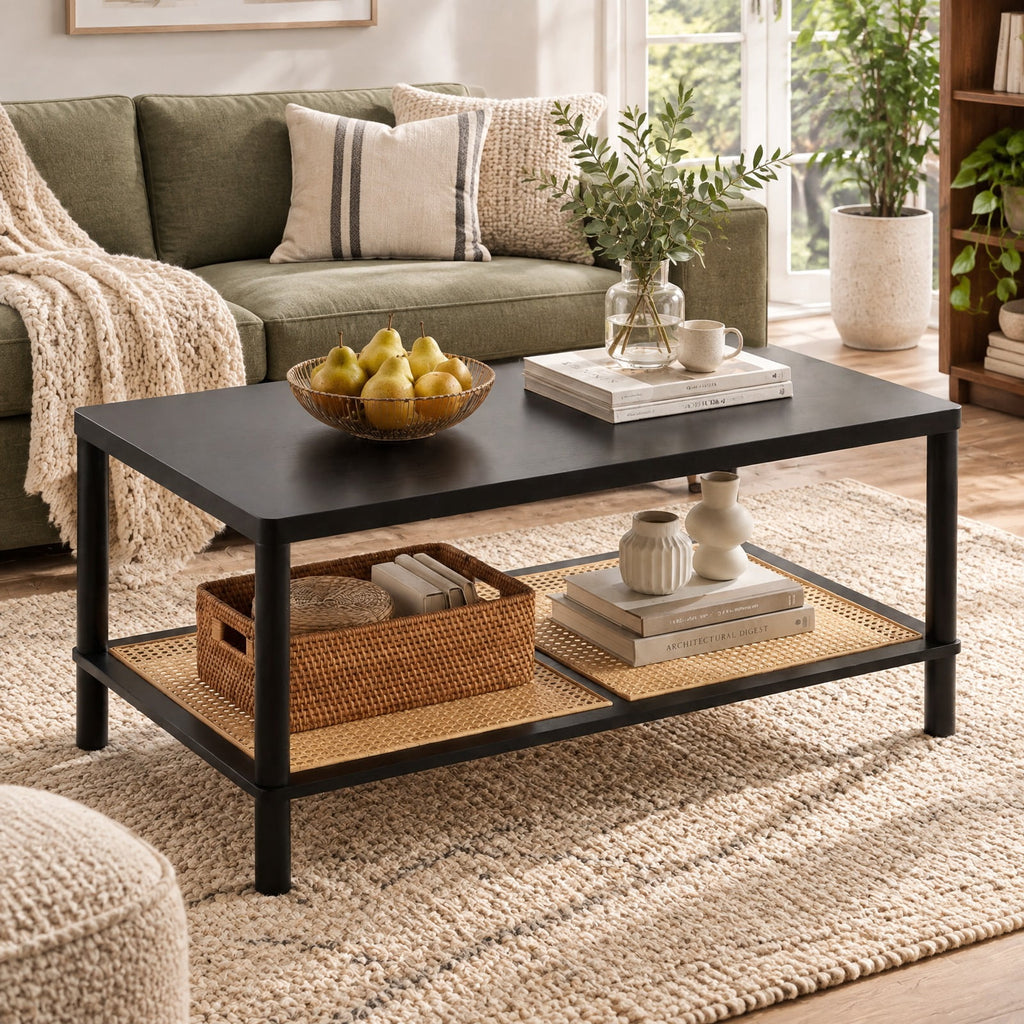 Airfind 2-Tier Boho Coffee Table for Living Room Rectangular Center Table with Rubber Wood Frame and PVC Rattan Storage Shelf, 185 lbs Capacity