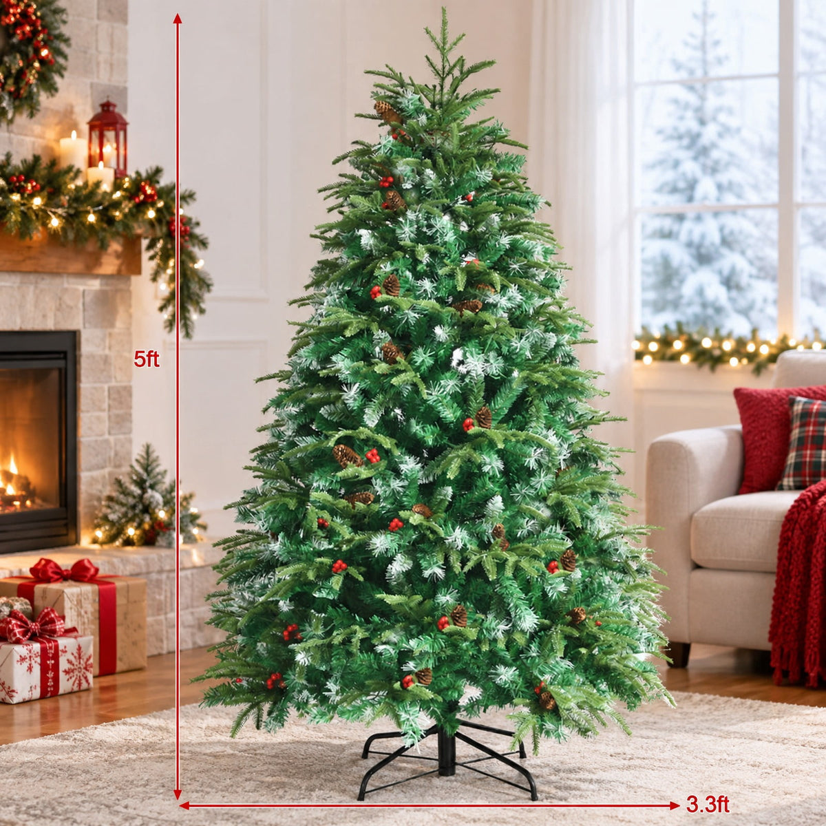 Airfind Pre-Lit Snowy Christmas Hinged Tree with Flash Modes and Multi-Color Lights-5 ft, PE PVC iron Height: 5 ft Base: 3.3 ft Frame, Green