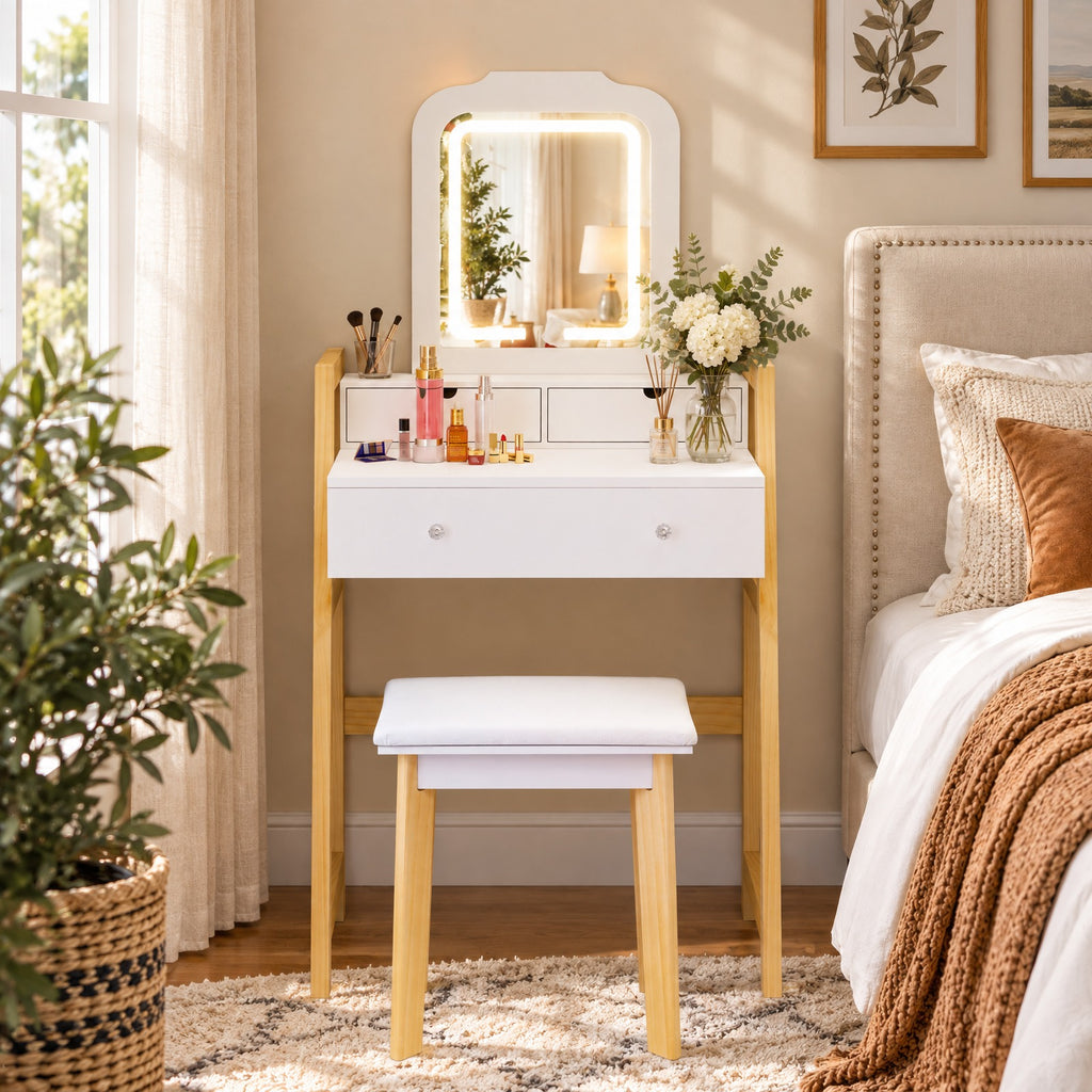 Airfind Adjustable Height Vanity Desk Set with 3-Color LED Lighted Mirror and Drawers, 110 lbs Capacity, P2 MDF Frame, 25in x 15.5in x 54in Footprint