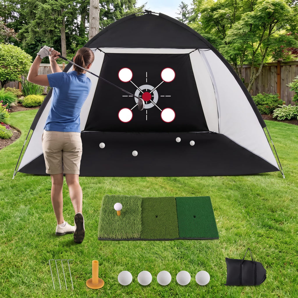 Airfind 10.3 x 6.5 Foot Golf Practice Net with Foldable Tri Turf Hitting Mat and Carry Bag for Backyard Garage and Indoor Swing Training, Black