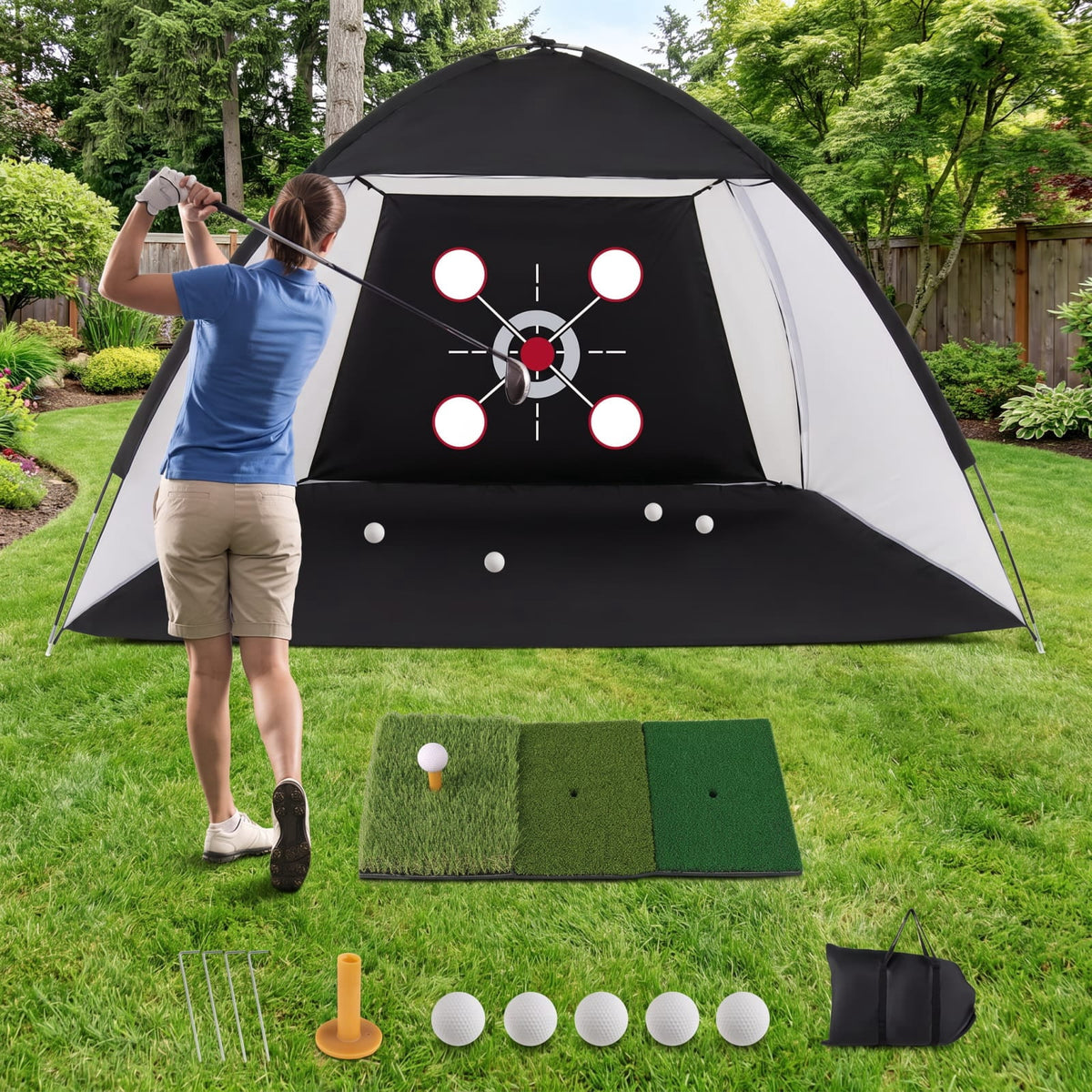 Airfind 10.3 x 6.5 Foot Golf Practice Net with Foldable Tri Turf Hitting Mat and Carry Bag for Backyard Garage and Indoor Swing Training, Black