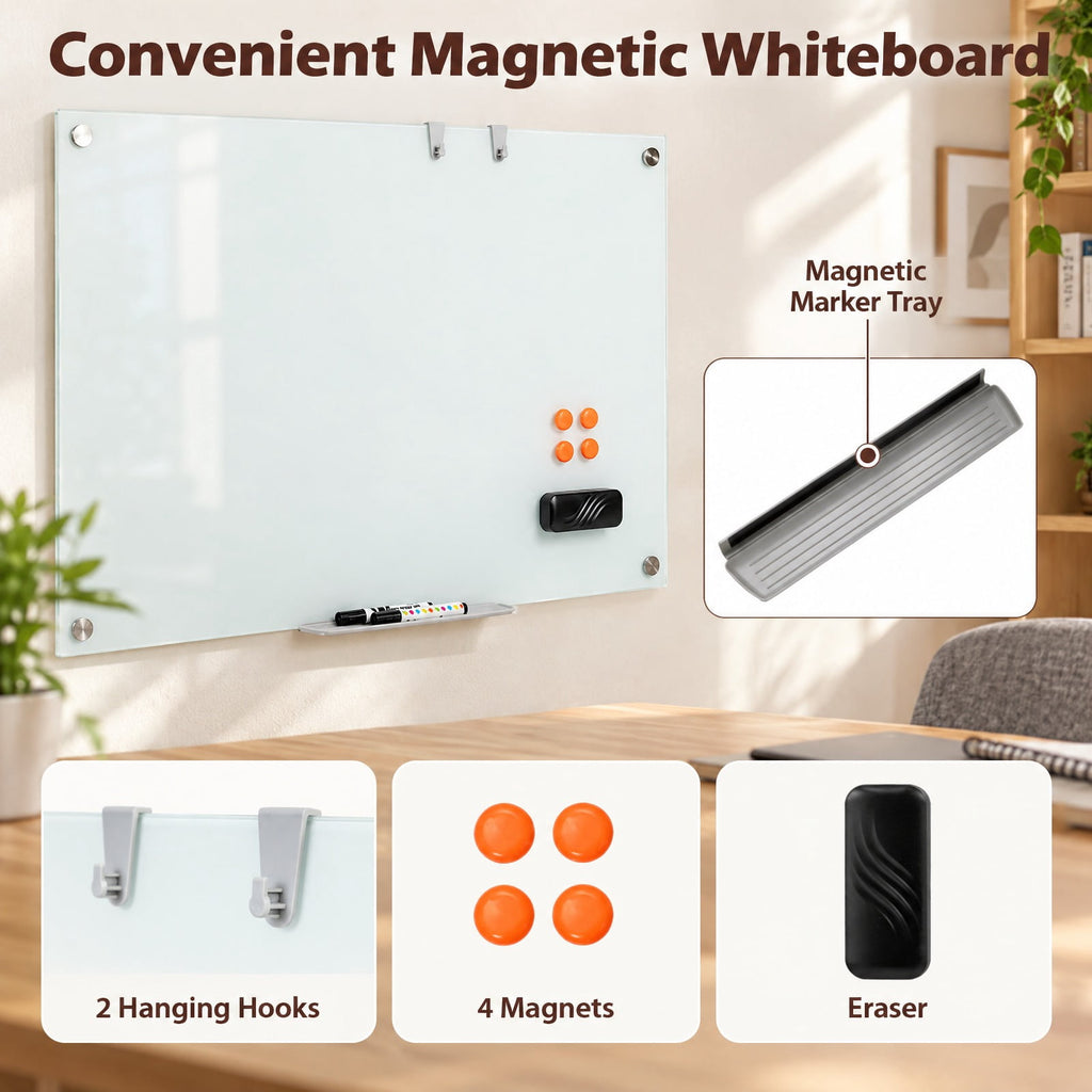 Airfind 36 x 24 Inches Glass Whiteboard with Eraser and Removable Tray, Tempered Glass Galvanized Metal Frame, 36 x 24 x 0.16 Footprint, White