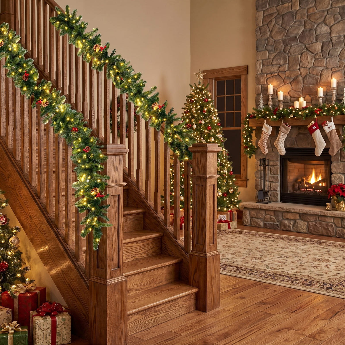 AIRFIND Pre-lit Christmas Garland with 9 Ft Length with 100 LED Lights and 140 PVC Tips for Doorway and Mantel Decor, Red