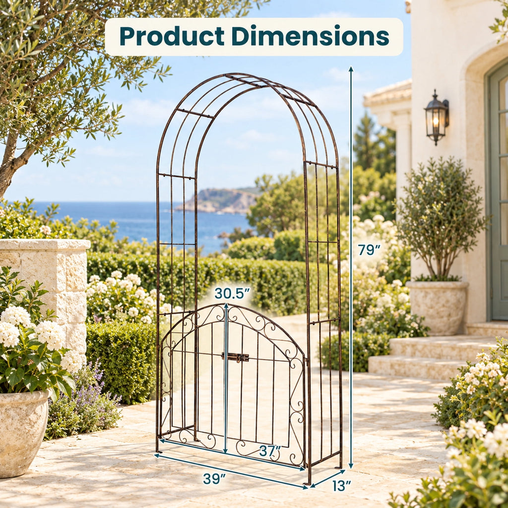 Airfind Heavy-Duty Metal Garden Arch with Gate and Safety Latch, Metal Frame, 39 x 13 x 79 Footprint, Black
