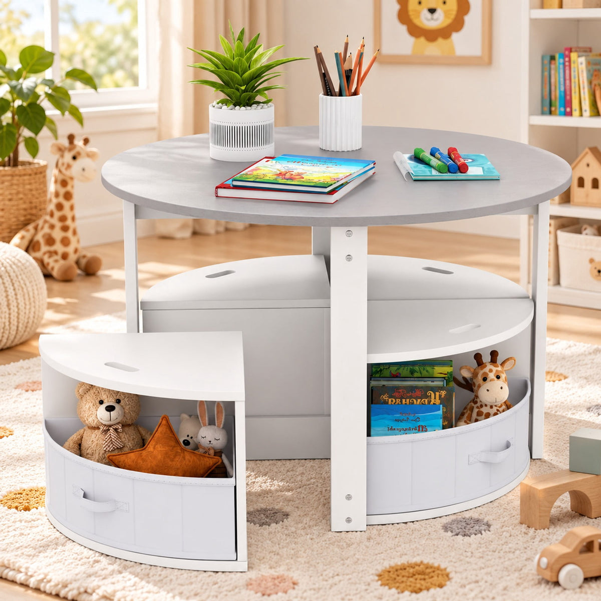 Airfind Youth Round Nesting Table, 5 Piece, with 4 Storage Stools for Activity, 110 lbs Capacity, MDF Frame, for 3+ years old, Gray