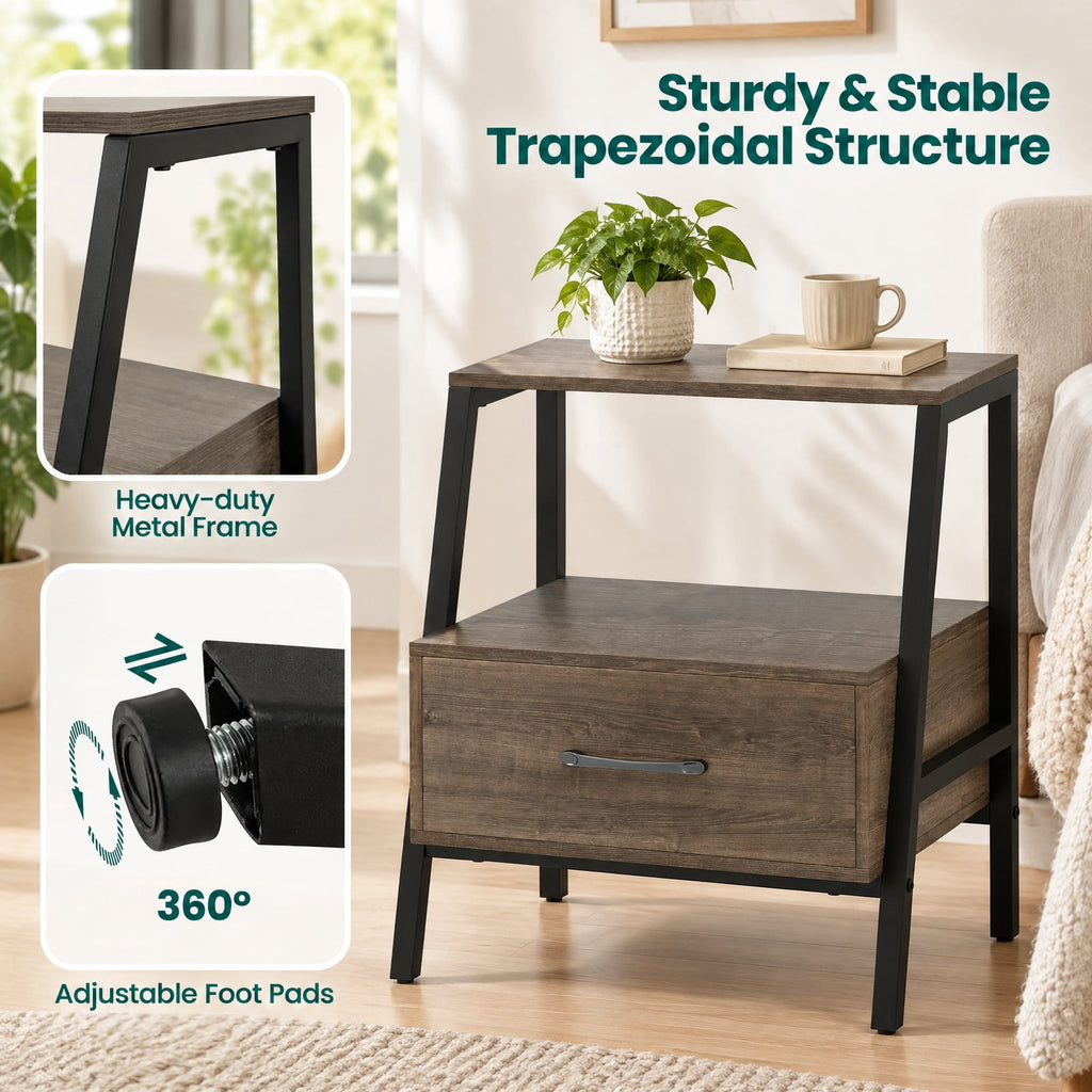 Airfind Farmhouse Nightstand with Drawer and Open Storage, Engineered Wood and Metal End Table for Bedroom and Living Room, Gray