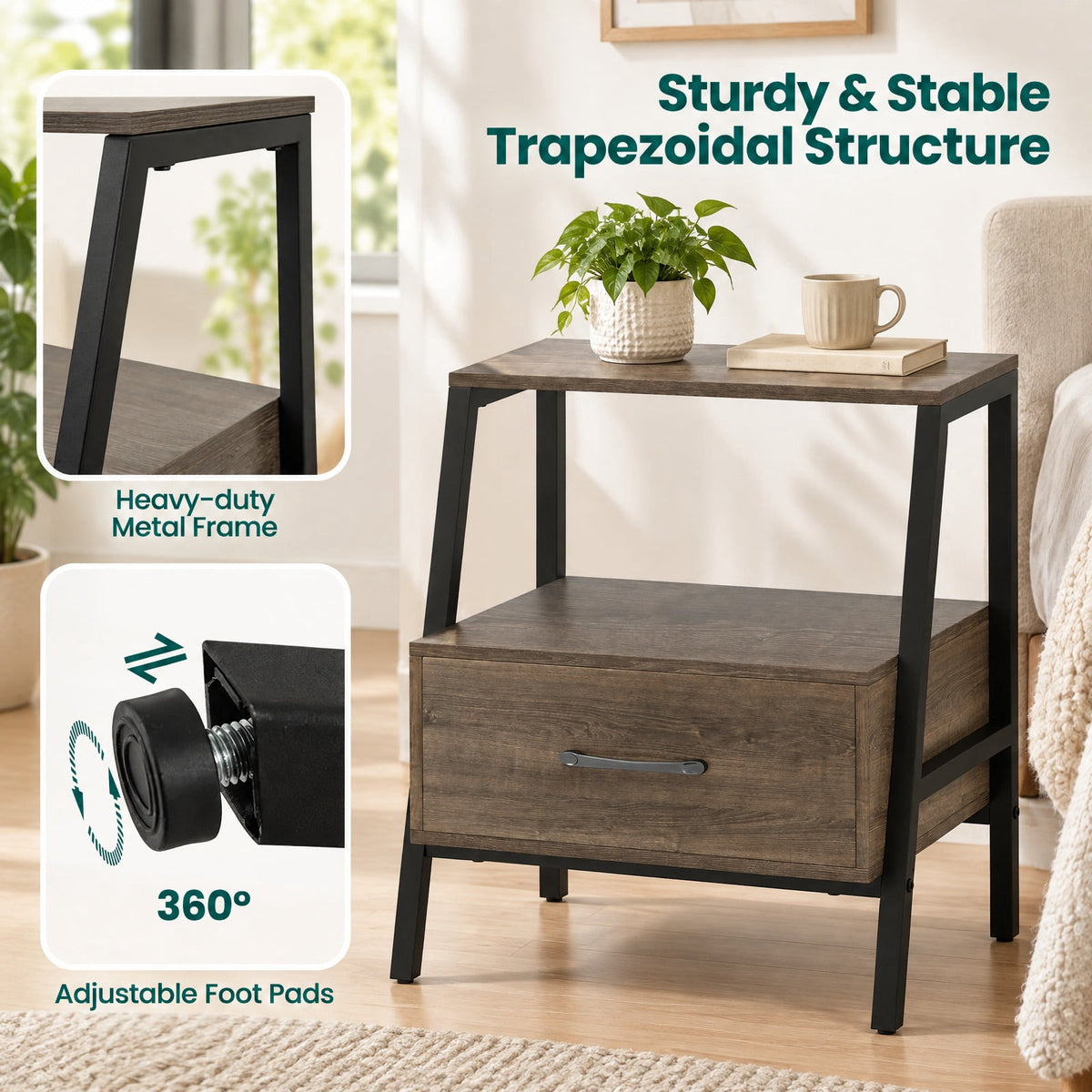 Airfind Farmhouse Nightstand with Drawer and Open Storage, Engineered Wood and Metal End Table for Bedroom and Living Room, Gray