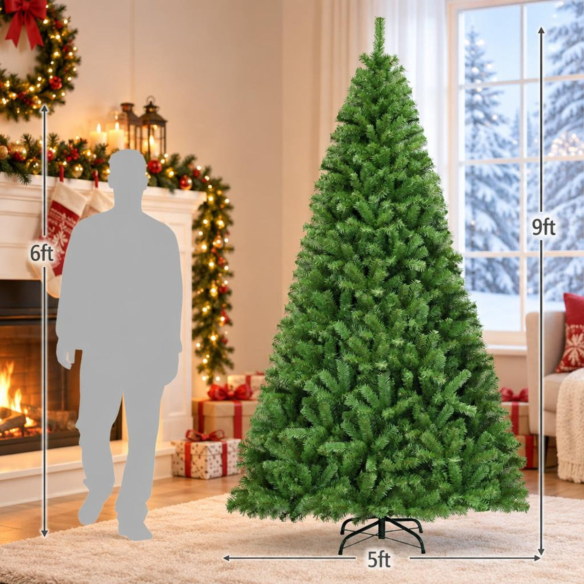 Airfind PVC Artificial Christmas Tree Premium Hinged-9 ft, PVC iron Frame, 3.8ft x 6ft Footprint, Green