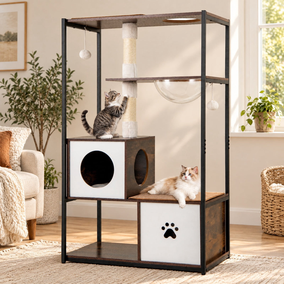 Airfind 52 Inch Tall Wooden Cat Tree Metal Frame with 2 Condos and Cushions, 33 lbs Capacity, 32 x 17.5 x 52 (L x W x H) Bottom Condo Footprint