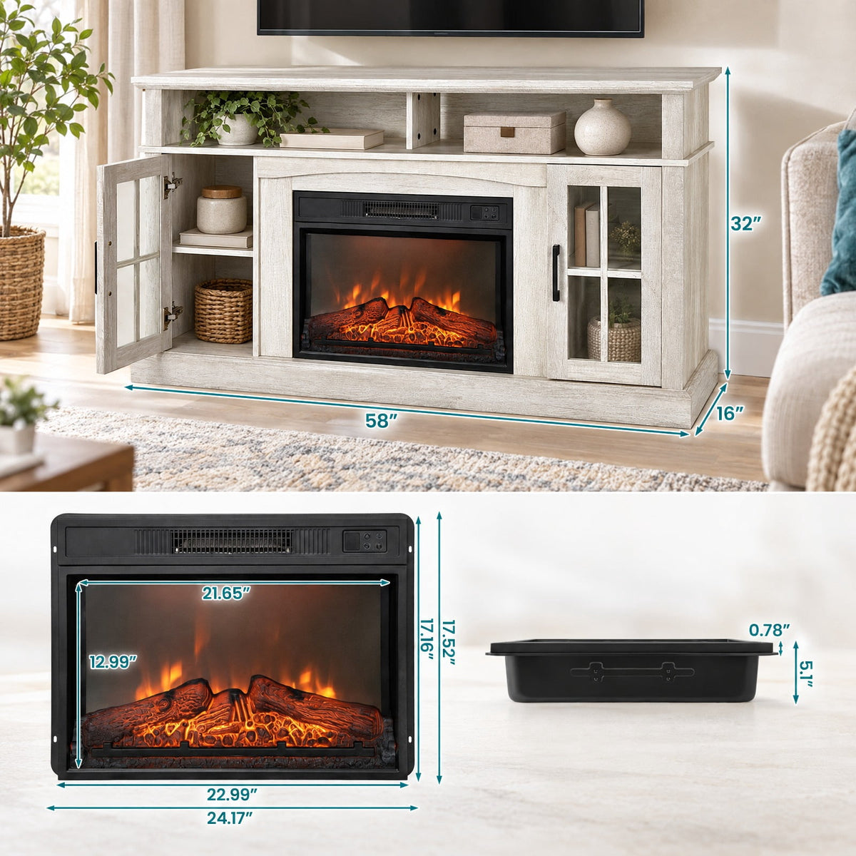Airfind Fireplace TV Stand for TVs Up to 65 Inch with Side Cabinets and Remote Control, 66 lbs Capacity, Engineered wood Frame, Gray