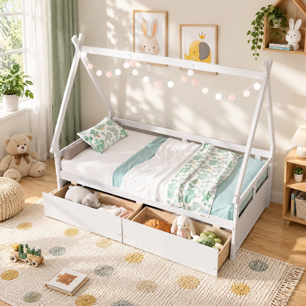 Airfind Twin Size House Bed with Roof and Safety Guardrail, Solid Wood MDF Plywood, Net Weight 83 Lbs for Convenient Everyday Use, White