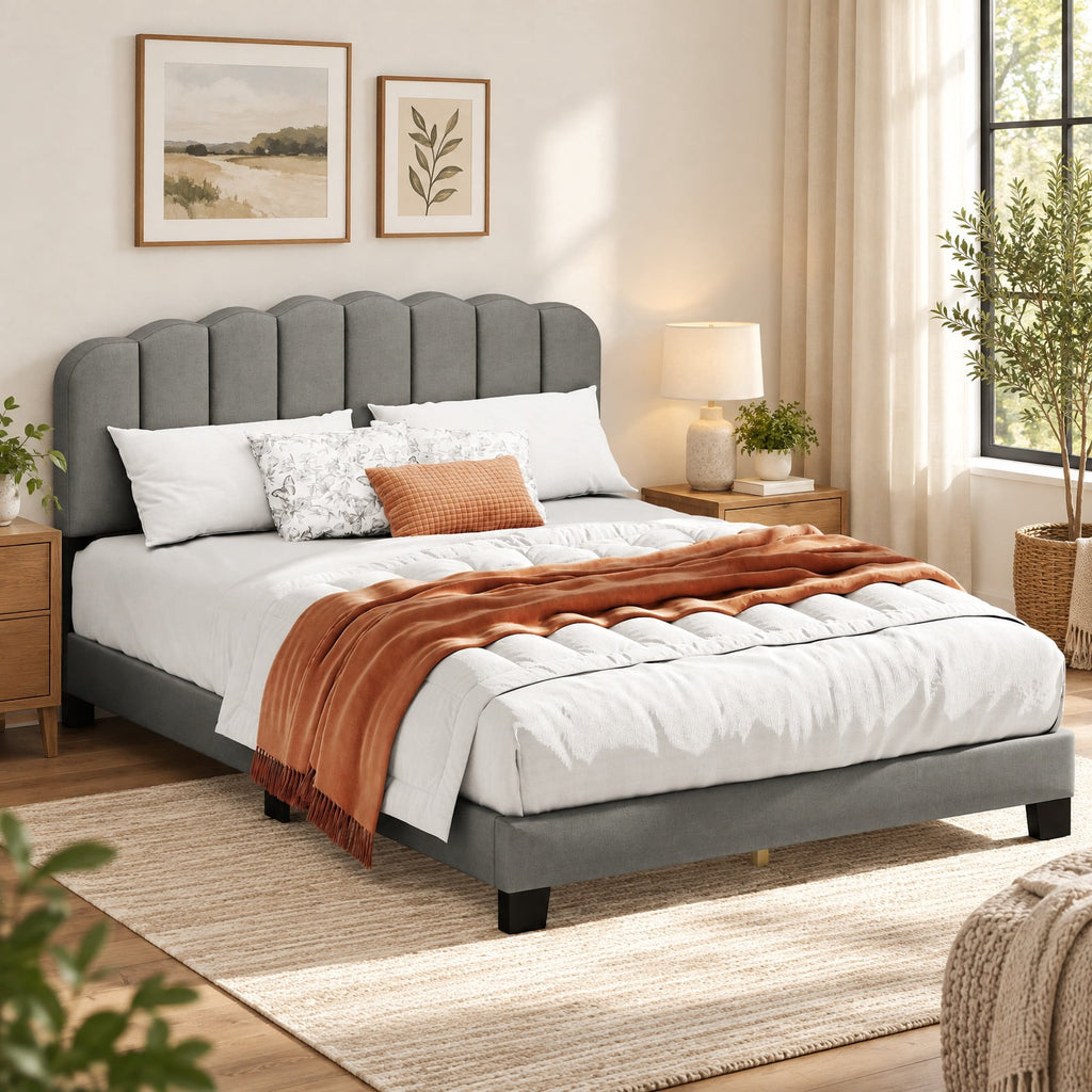 Airfind Queen Size Bed Frame with Adjustable Scalloped Tufted Headboard, 770 lbs Capacity, 84 x 61.5 x 40-44 Footprint, Gray + Black