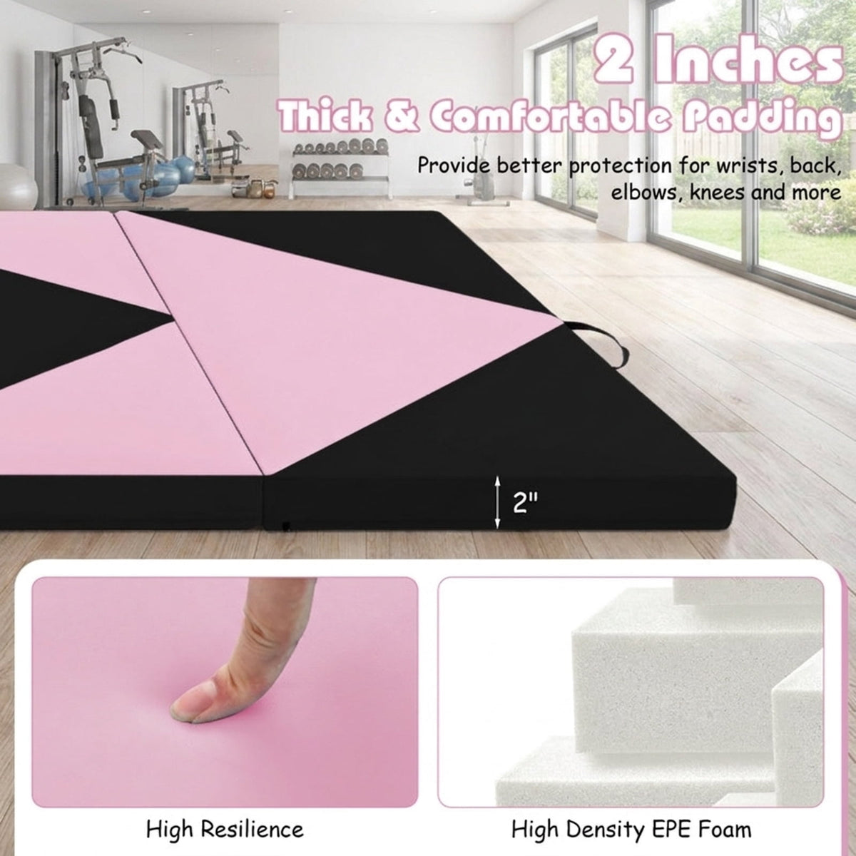 Airfind 10 Feet x 4 Feet x 2 Inch Folding Exercise Mat with Non-Slip Surface and Cushioned Support and Hook-and-Loop Connectors for Home Workout Gymnastics and Yoga, Black