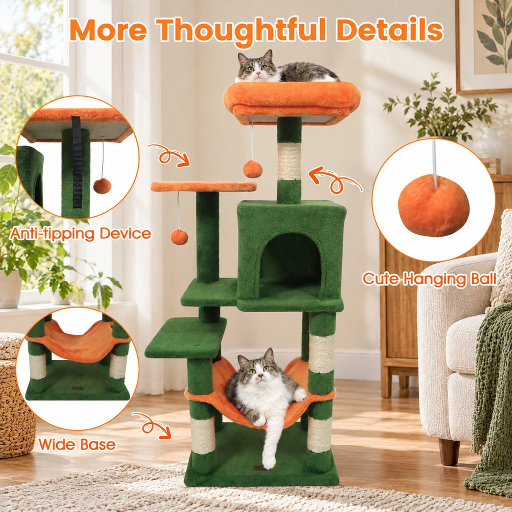 Airfind Multi-Level Cat Tower with 2-Door Condo and Padded Top Perch, PP Cotton Fabric Sisal Engineered Wood Overall Height 44 Base Frame, Green