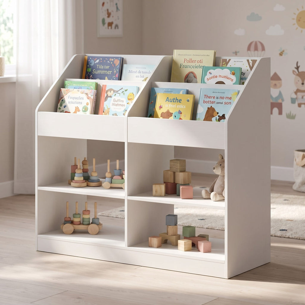 Airfind 3-Tier Kids Bookshelf Toy Storage Organizer with Display Rack and 4 Compartments, 11 lbs Capacity, Engineered Wood Frame, White
