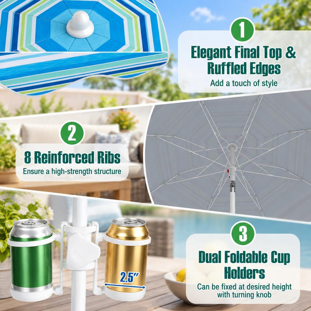 Airfind 6.5 FT Beach Umbrella UPF 50+ with Sand Anchor for Garden Pool, Polyester Fabric Metal Aluminum Alloy PP Frame, Blue Stripe