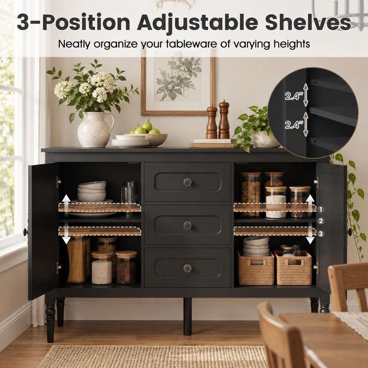 Airfind 47 Inch Vintage Buffet Cabinet with 3 Drawers 2 Cabinets and Adjustable Shelves for Dining Room, 110 Lbs Capacity, 47 Inch X 15.5 Inch X 31.5 Inch, Black