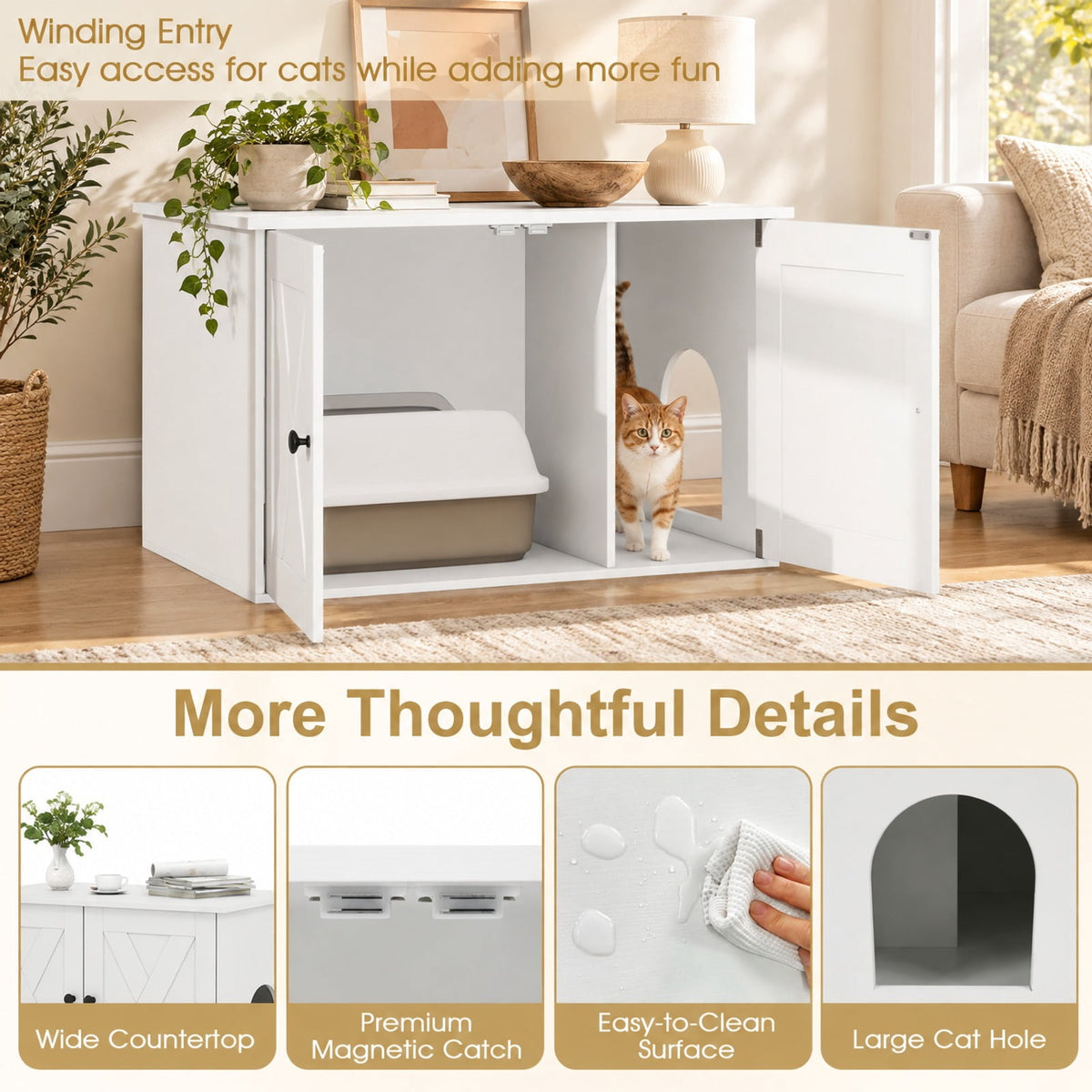 Airfind Hidden Cat Litter Box Enclosure Furniture with Divider, White, Large tabletop for plants decorations or storage, for Everyday Home Use
