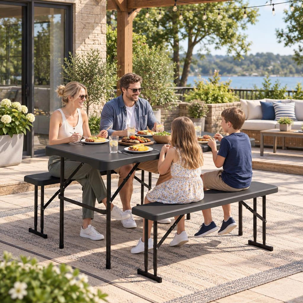 Airfind Outdoor Folding Table Bench Set w All-Weather HDPE Tabletop and Sturdy Metal Frame, 120 kg Capacity, HDPE Metal Frame, Black